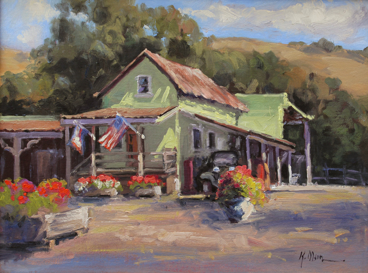 A plein air oil painting of an antique barn at Cooper Garrod's Winery with an American flag hanging on it, set against a backdrop of trees and a clear sky.