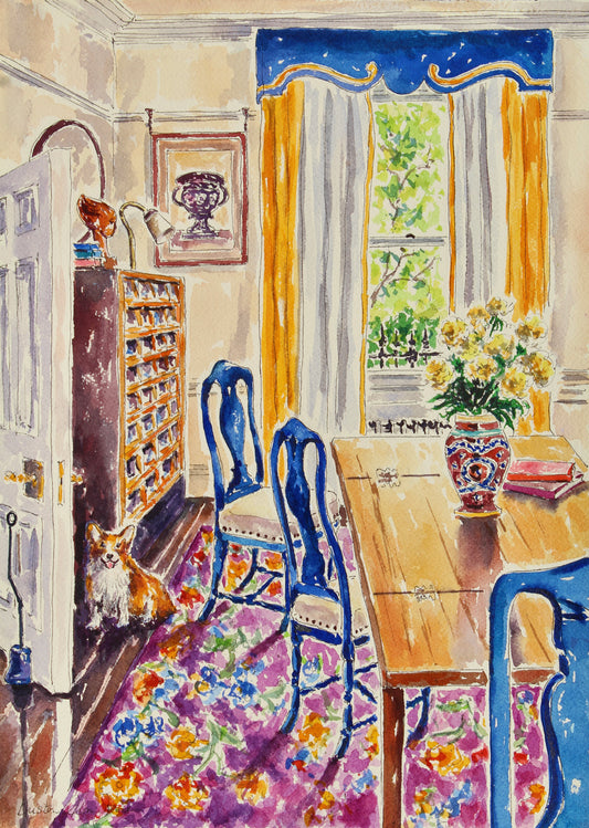 An Original watercolor painting of a Welsh Corgi dog in a Swedish designed dinning room with a pink and purple rug and blue chairs.  Yellow and white curtains frame the view of trees outside of the window.  Art decor for collectors.