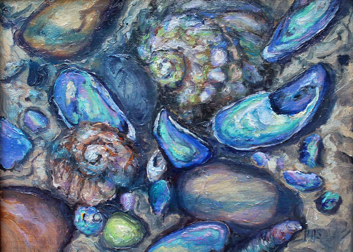 An original oil painting of various seashells in a tide pool, with a vibrant blue and green color palette.