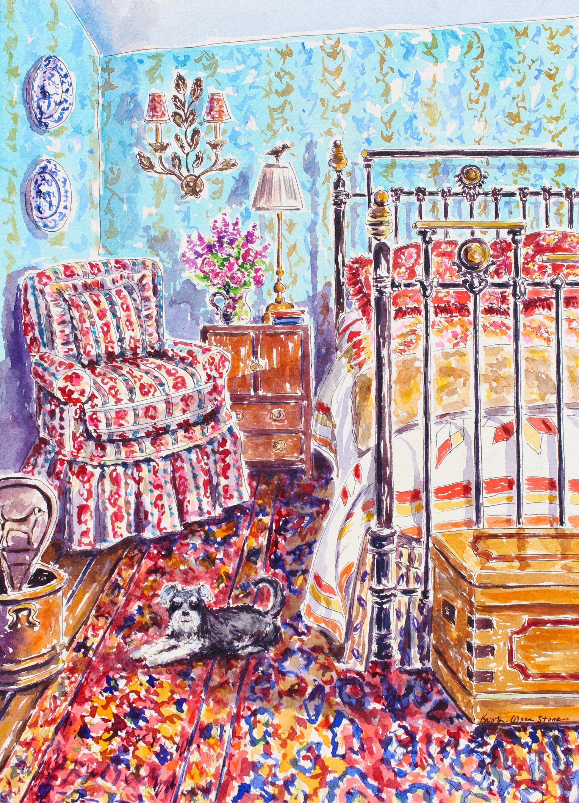 An original watercolor painting of a sunlit room in an English cottage with a chair, bed, and a schnauzer dog lying on the floor.  Wall decor for art collectors.
