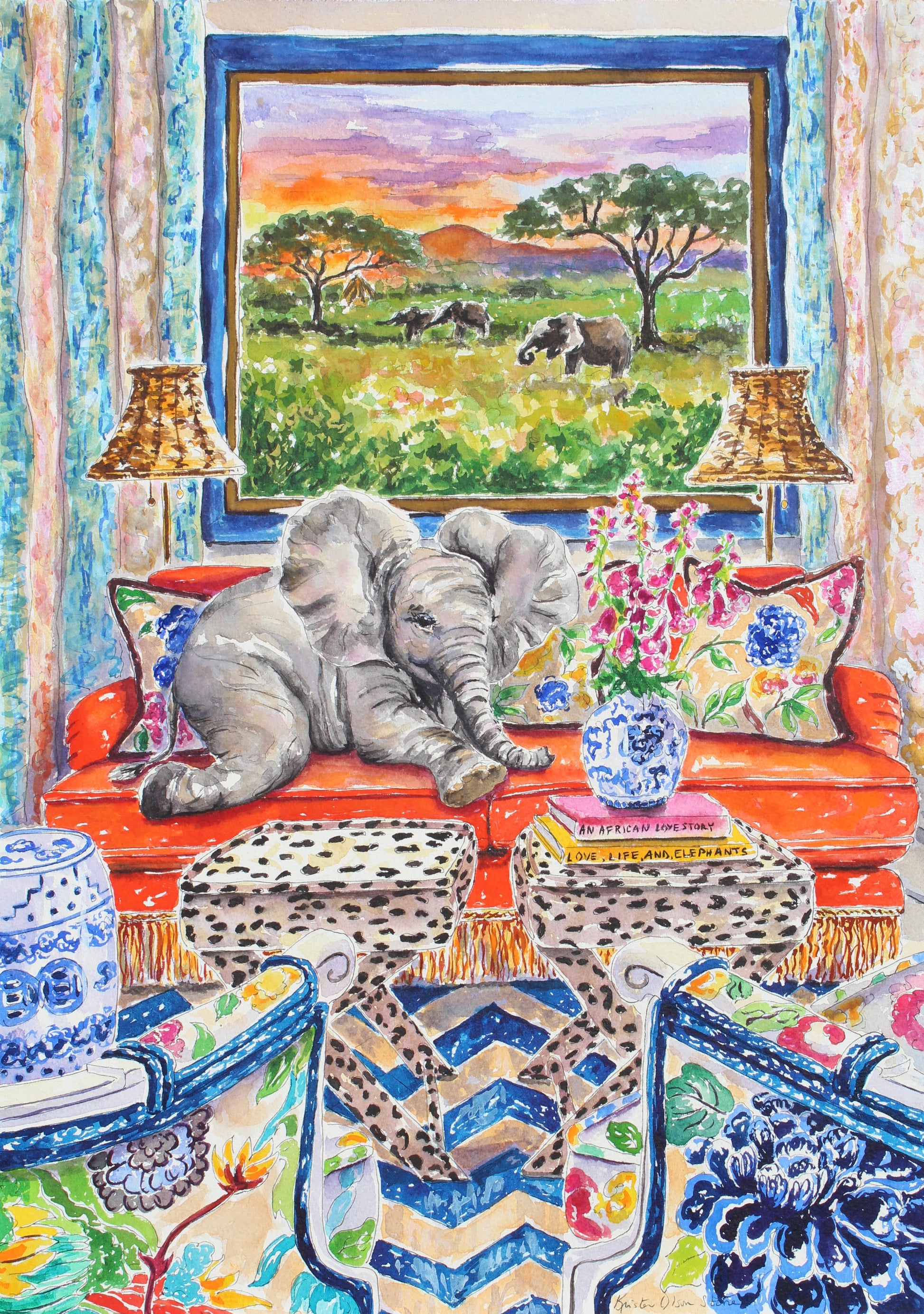 A watercolor original painting of a baby elephant on an orange sofa in a luxurious interior setting.  Wall decor for art collectors.