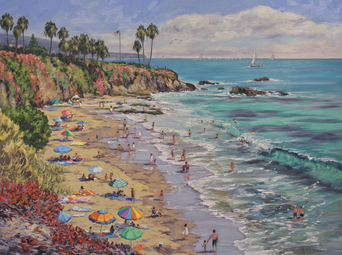 An original oil painting depicting a lively scene on a beach with colorful beach umbrellas and people, set against a backdrop of the ocean and cliffs.