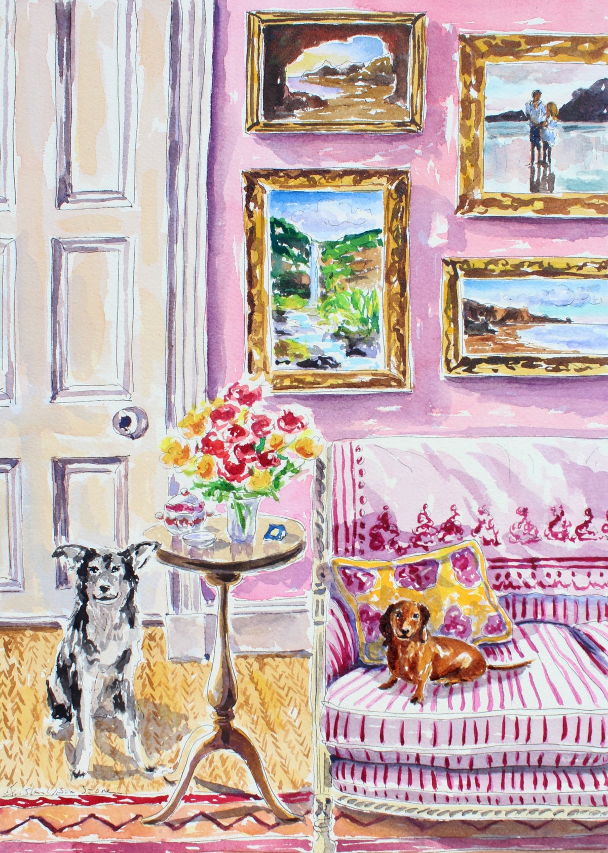 Colorful interior scene with a sofa, table, and two dogs in a room with pink walls and framed paintings.