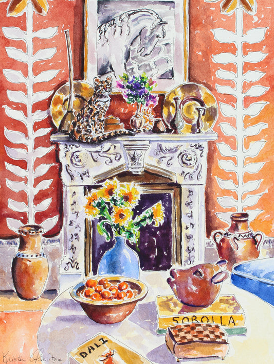 A watercolor painting featuring a stylized interior with a fireplace, decorative objects, and a Bengal cat.