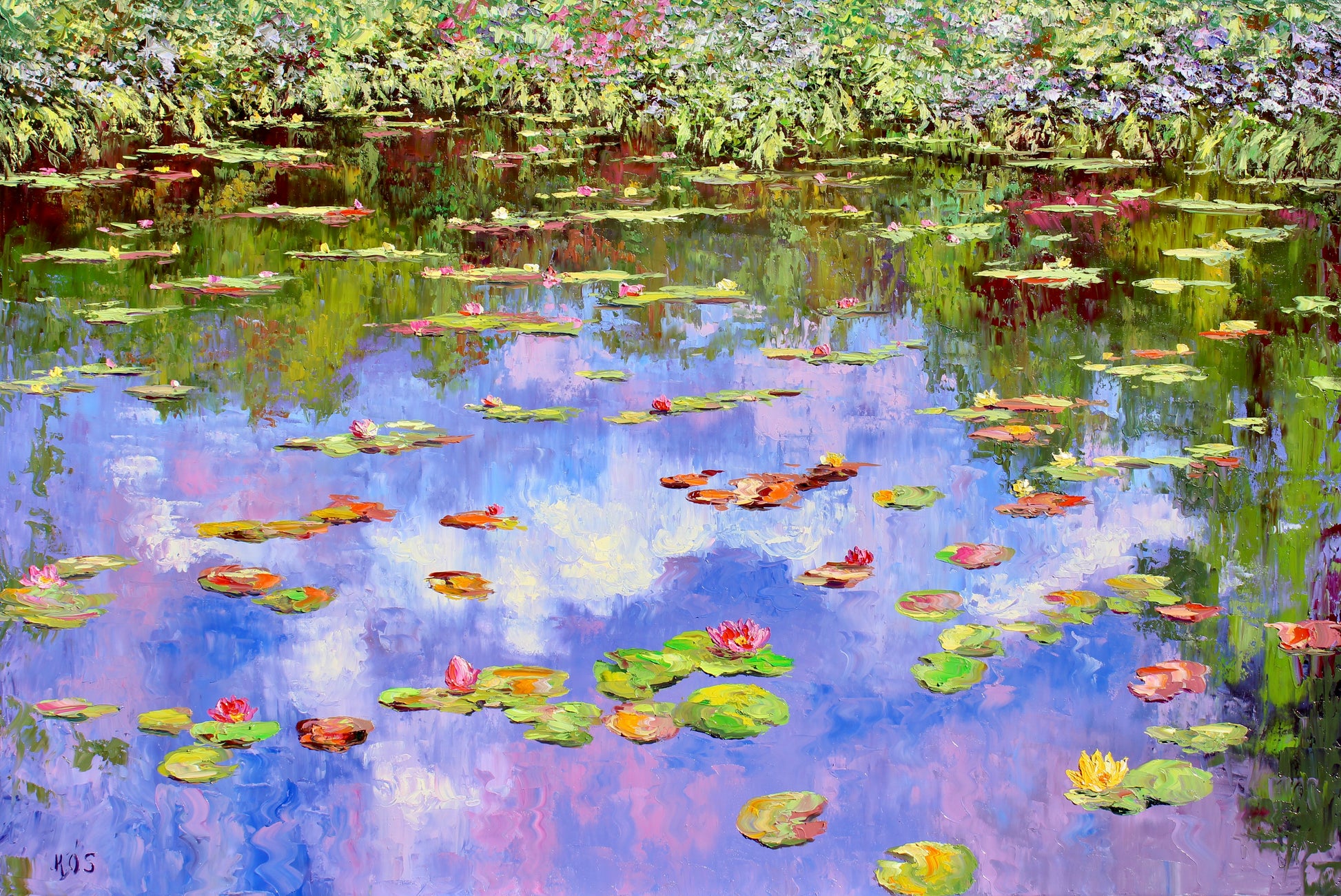 Original oil painting of Monet's pond at Giverny with water lilies and reflections.  Wall decor for art collectors.