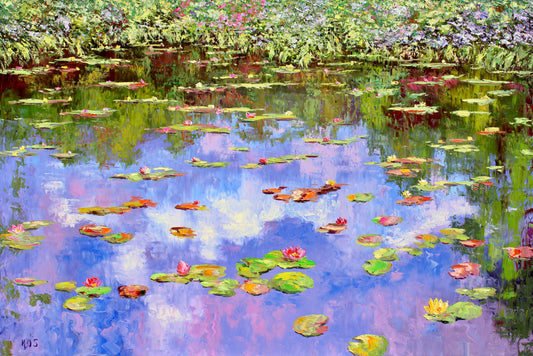 Original oil painting of Monet's pond at Giverny with water lilies and reflections.  Wall decor for art collectors.