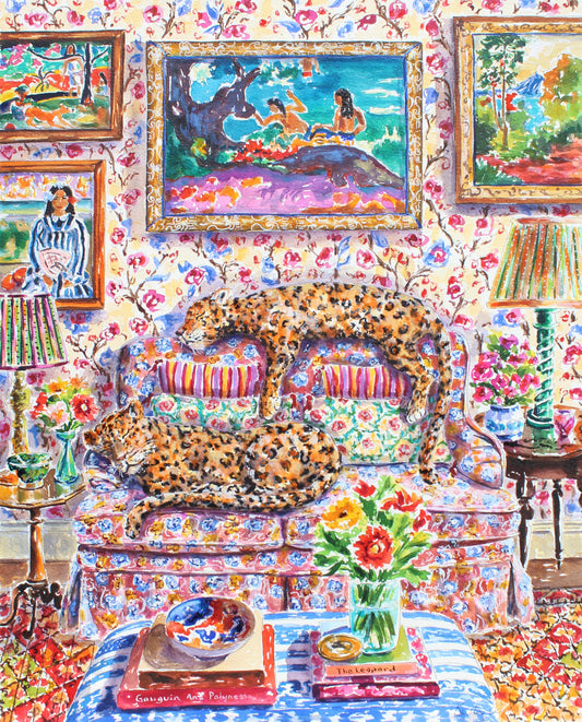 Colorful and intricate painting of  leopards sleeping on a pink floral sofa in a cozy living room.  Several paintings by Gauguin hang on the wall above floral wall paper