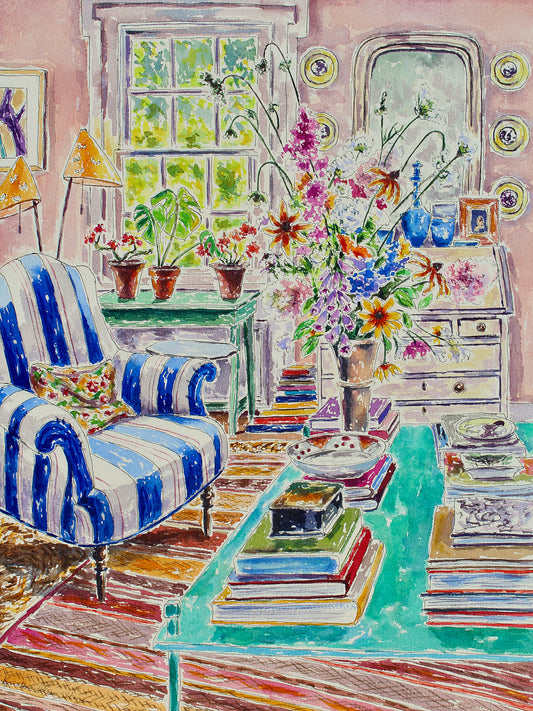 A Giclee print of a brightly colored interior scene with a blue and white striped chair, a vase of flowers, furniture, and a verdigris patina on a coffee table. Wall decor for art collectors.