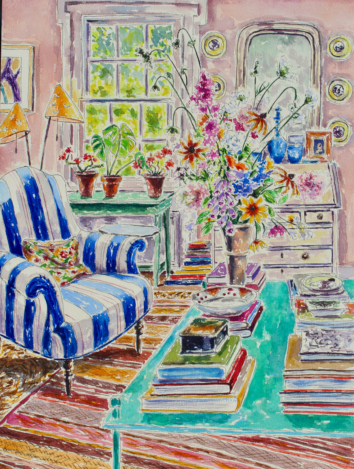 An original watercolor painting featuring a light-filled room with a vase of flowers, a blue and white striped chair, a woven rug, and a variety of books on the coffee table.