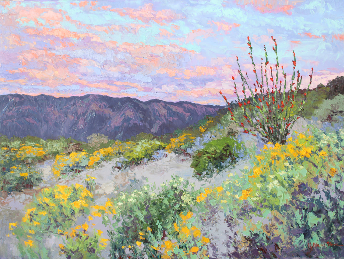 An original textured oil painting of a desert ocotillo and lantana in Palm Desert California.