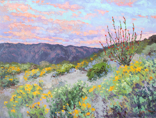 An original textured oil painting of a desert ocotillo and lantana in Palm Desert California.
