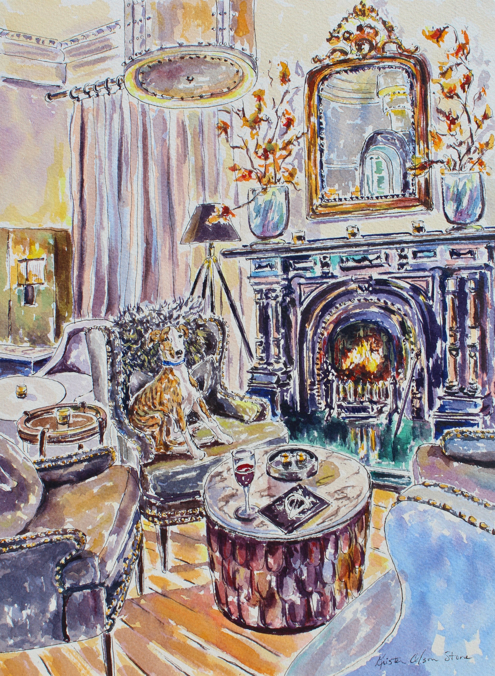 An original watercolor painting featuring a cozy room with a fireplace, at The Northern Club in Auckland New Zealand. A whippet dog sits on a chair.  The colors are soft and the scene includes a mirror and a hanging lamp.  Wall decor for art collectors.