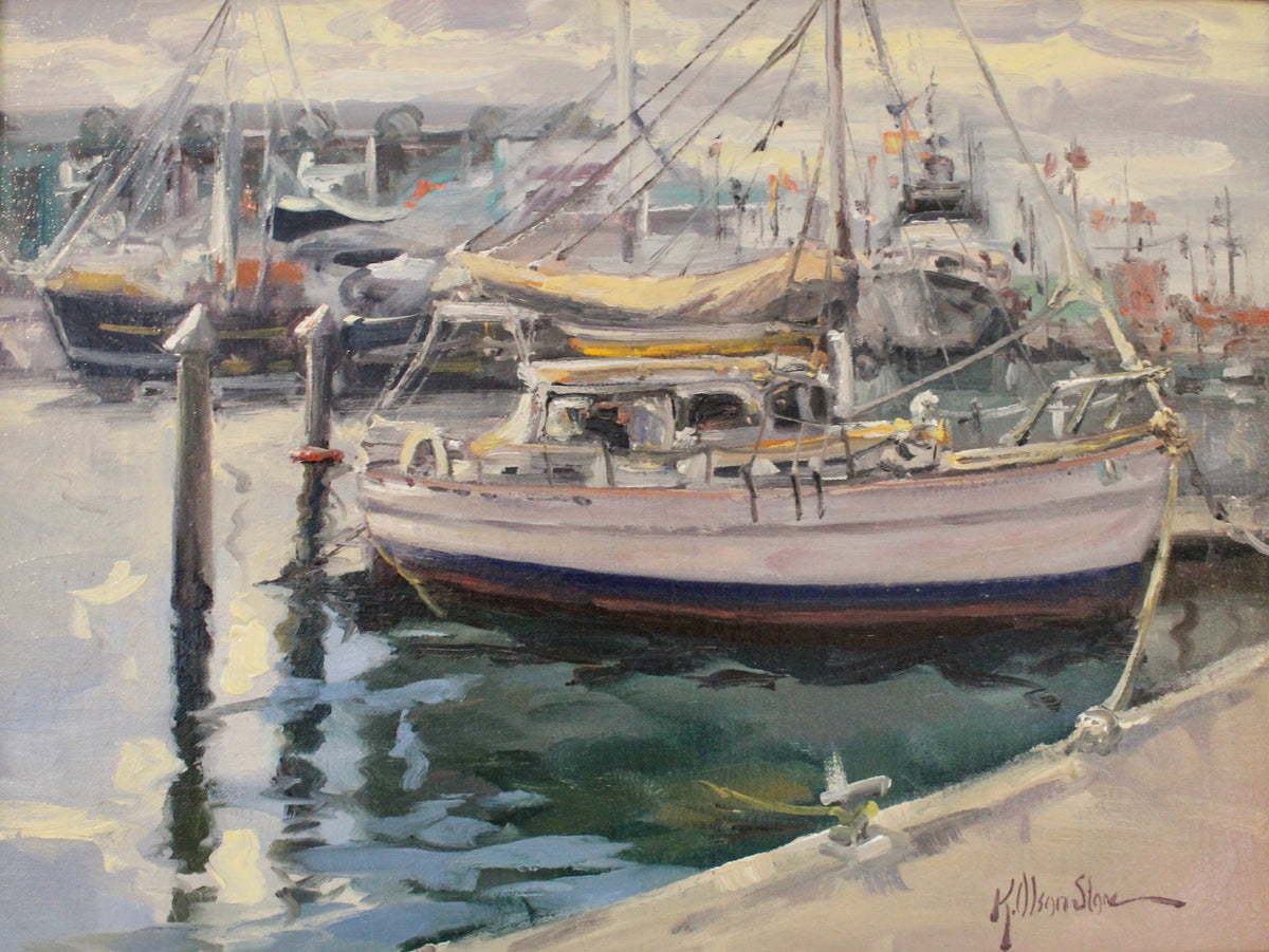 An original plein air oil painting of a large sailing yacht docked at The Auckland Viaduct Harbour.