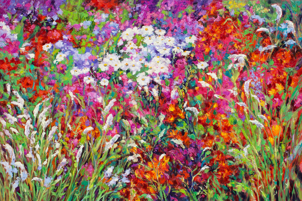 Vibrant impressionistic painting of a dense wildflower meadow with red, pink, purple, white, orange, and green tones, rendered in thick textured brushstrokes.