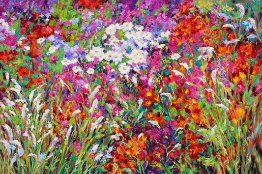 Vibrant impressionistic painting of a dense wildflower meadow with red, pink, purple, white, orange, and green tones, rendered in thick textured brushstrokes.