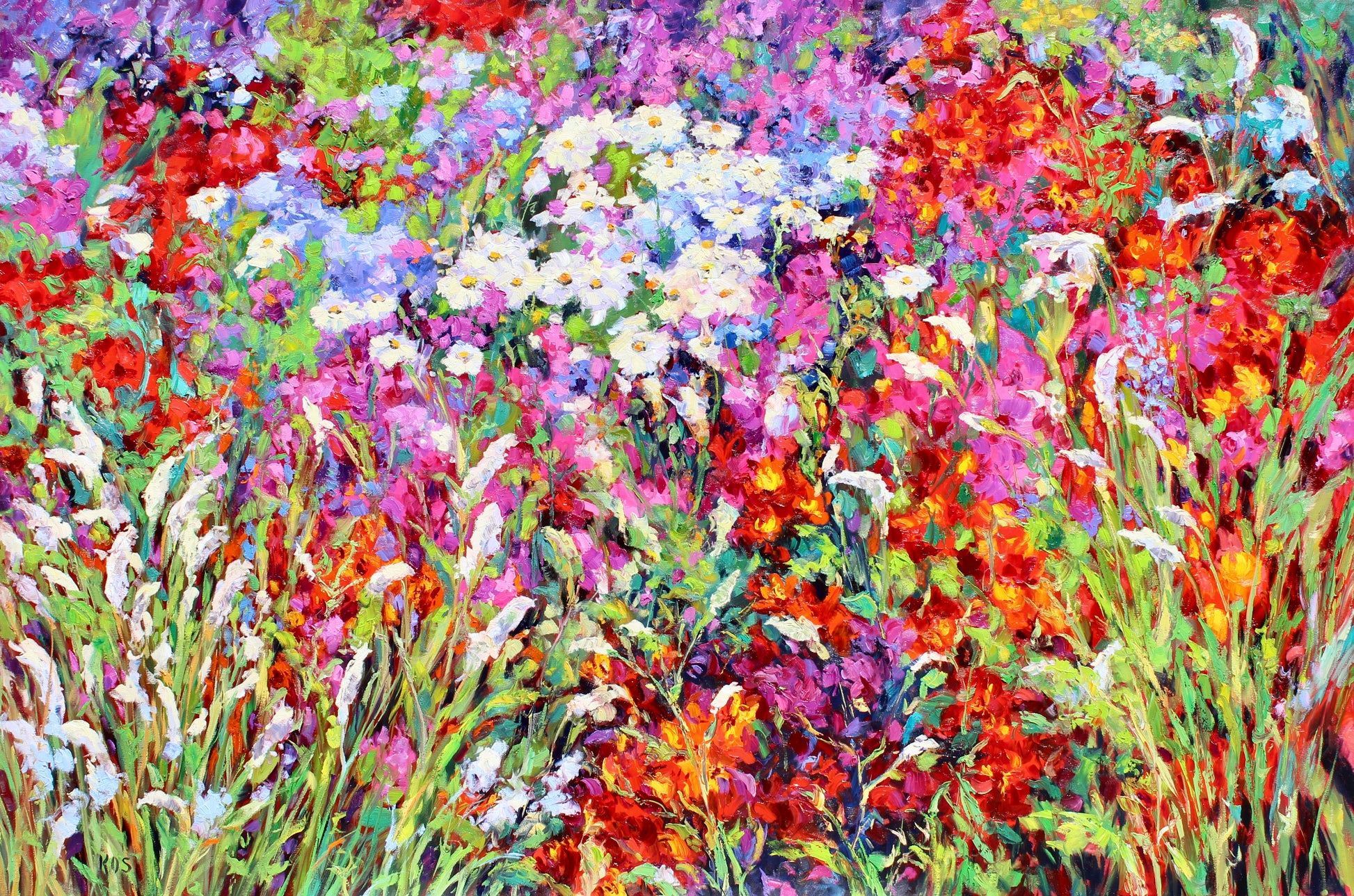 Don't Worry Be Happy- Original Oil painting by fine artist Kristen Olson Stone. Impressionist vibrant flower garden wall art decor for collectors.