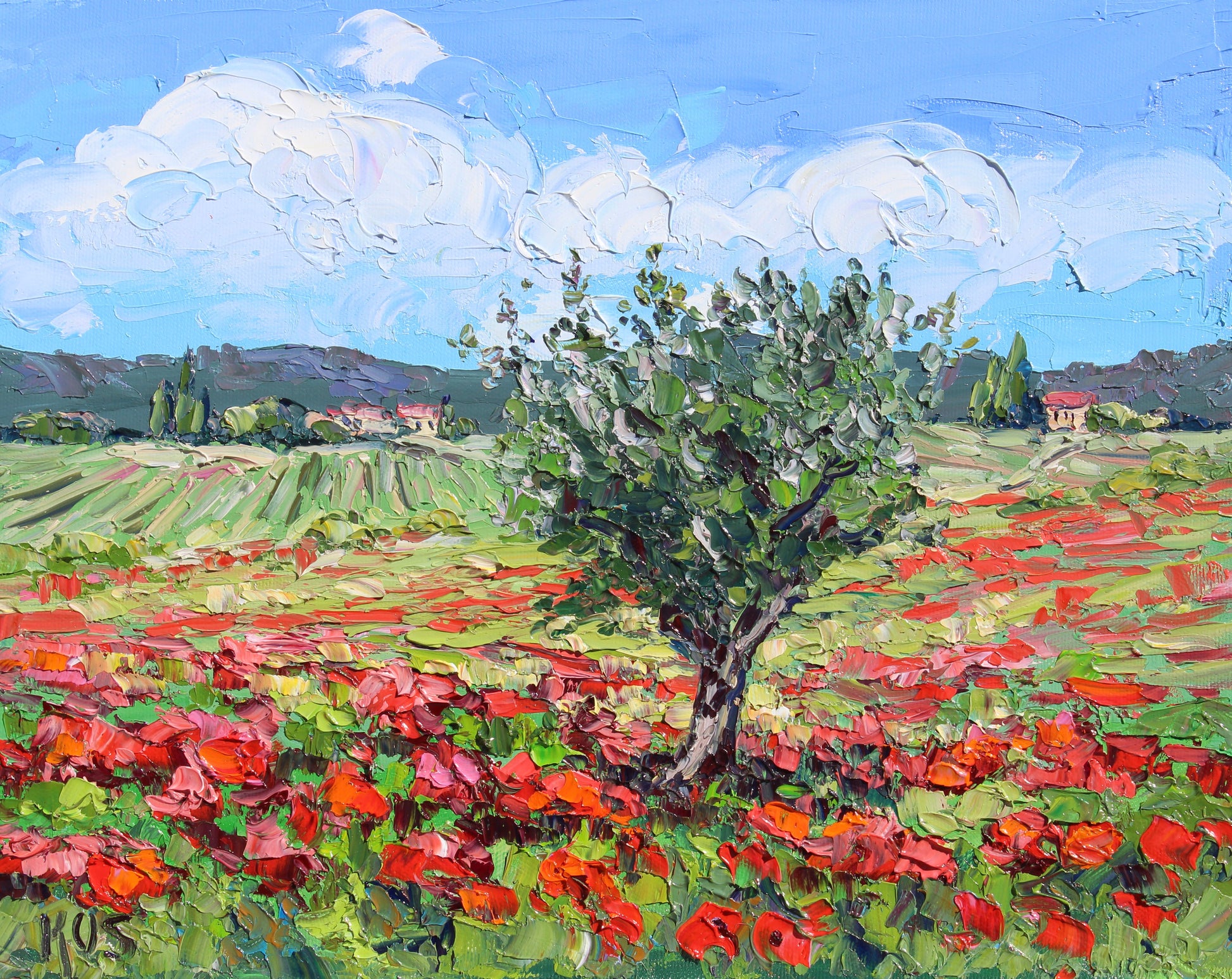 An oil painting depicting a Tuscan landscape with red poppies and an olive tree, with distant Italian villas and mountains in the background.