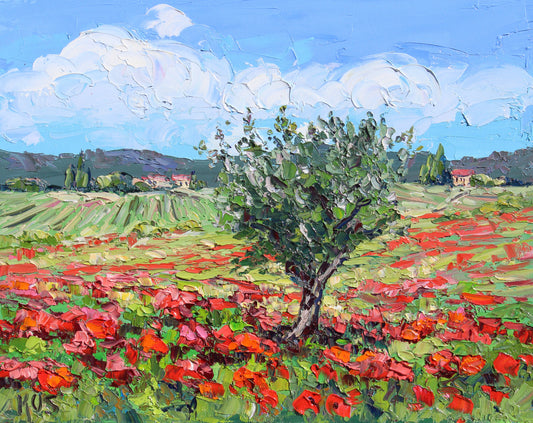 An oil painting depicting a Tuscan landscape with red poppies and an olive tree, with distant Italian villas and mountains in the background.