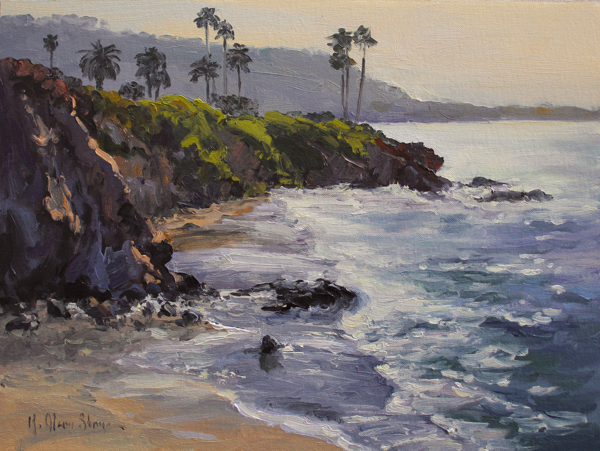 A plein air oil painting of Divers Cove at Heisler Park, featuring a beach scene with palm trees and a calm ocean.