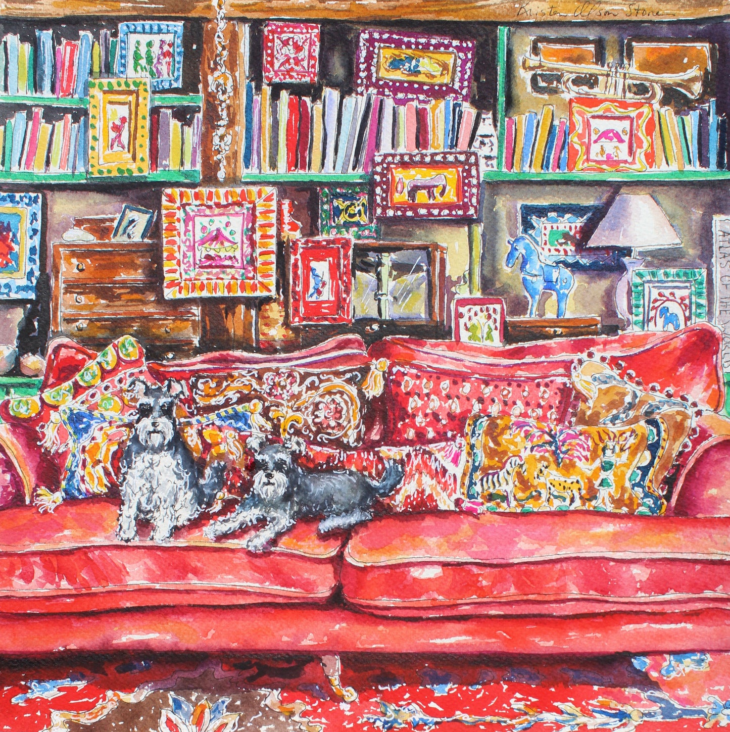 A watercolor painting of two miniature schnauzers lying on a red sofa with a collection of books and decorative items in the background.