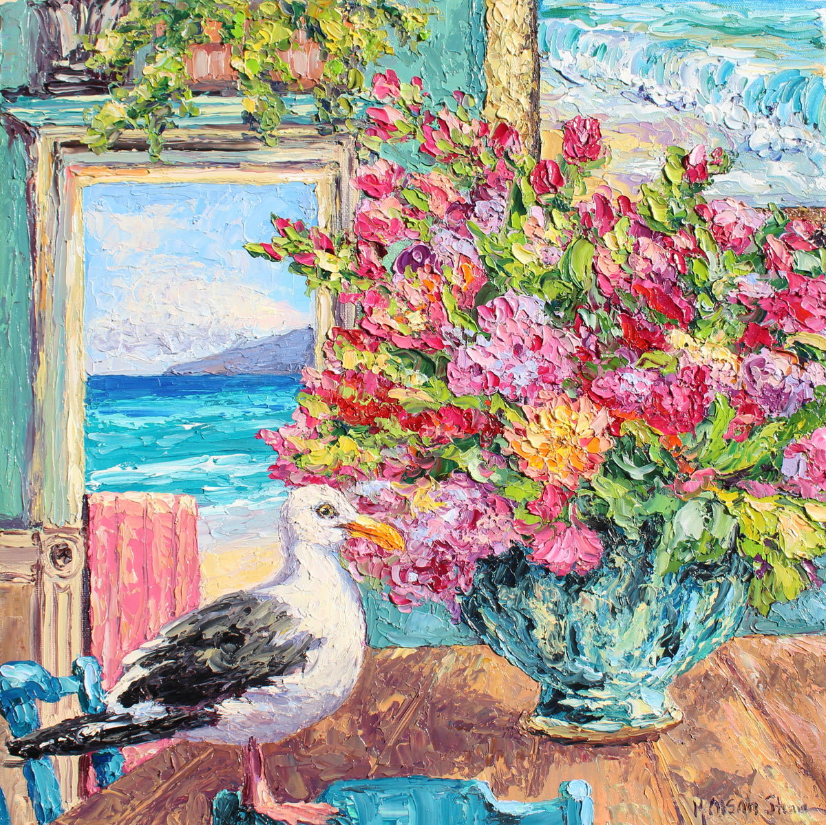 An original oil painting of a seagull and a vase of flowers in front of an ocean view.
