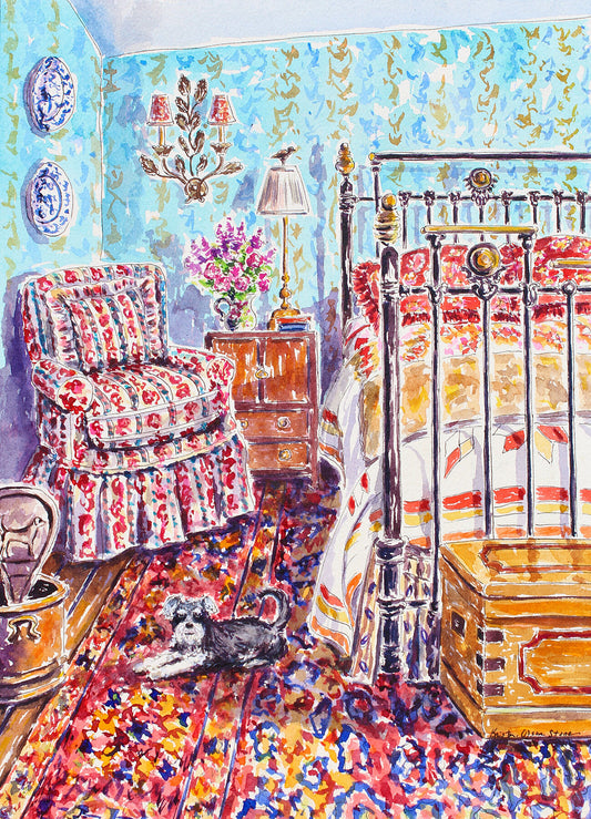 A colorful and detailed giclee print of a sunlit room in an English cottage with antiques and a playful schnauzer dog. Wall decor for art collectors.