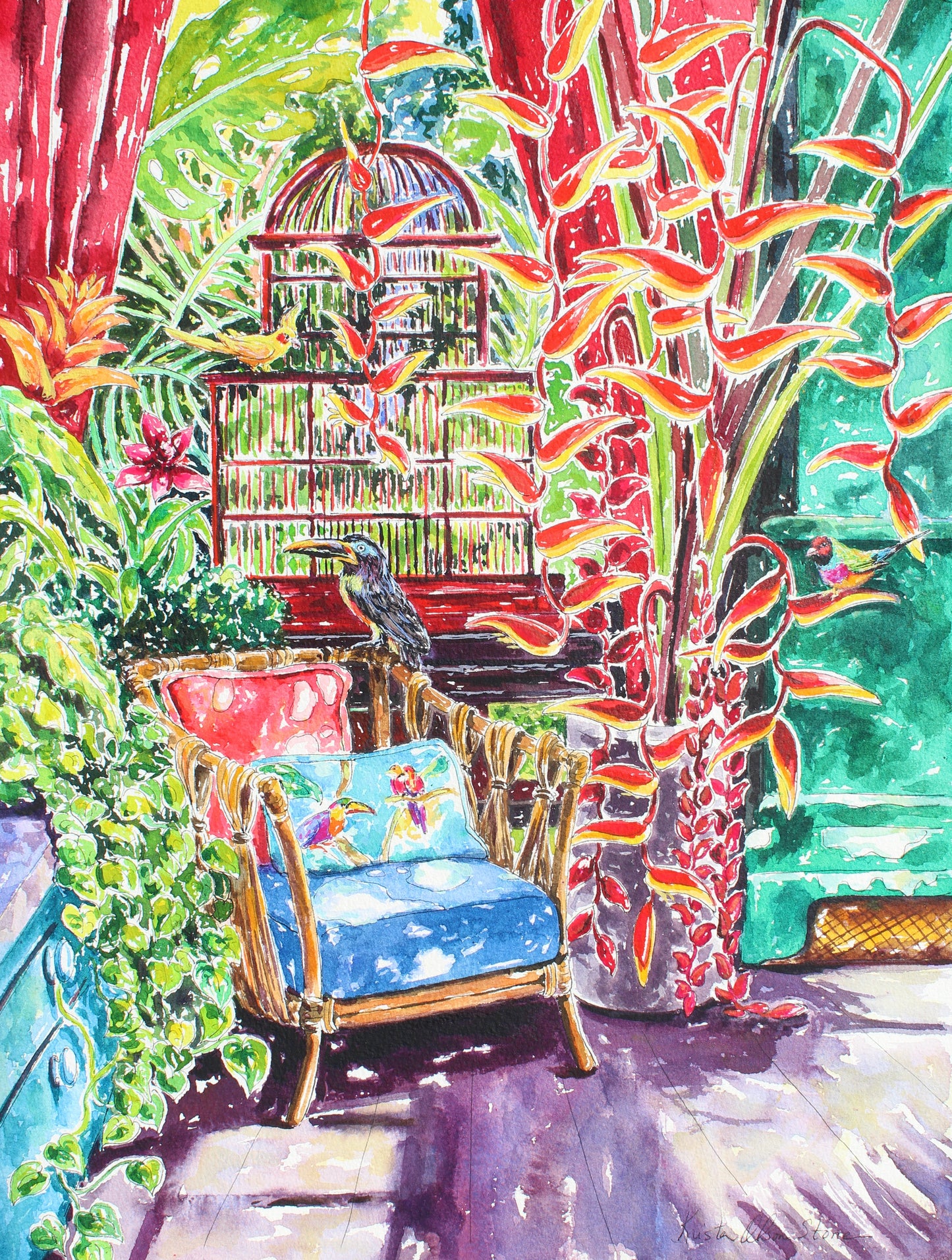 A colorful watercolor painting of a tropical garden room with birds, including a Cockatiel, a Gouldian Finch, and an Aracari Toucan, featured in a chair and among the plants.  Wall decor for art collectors.