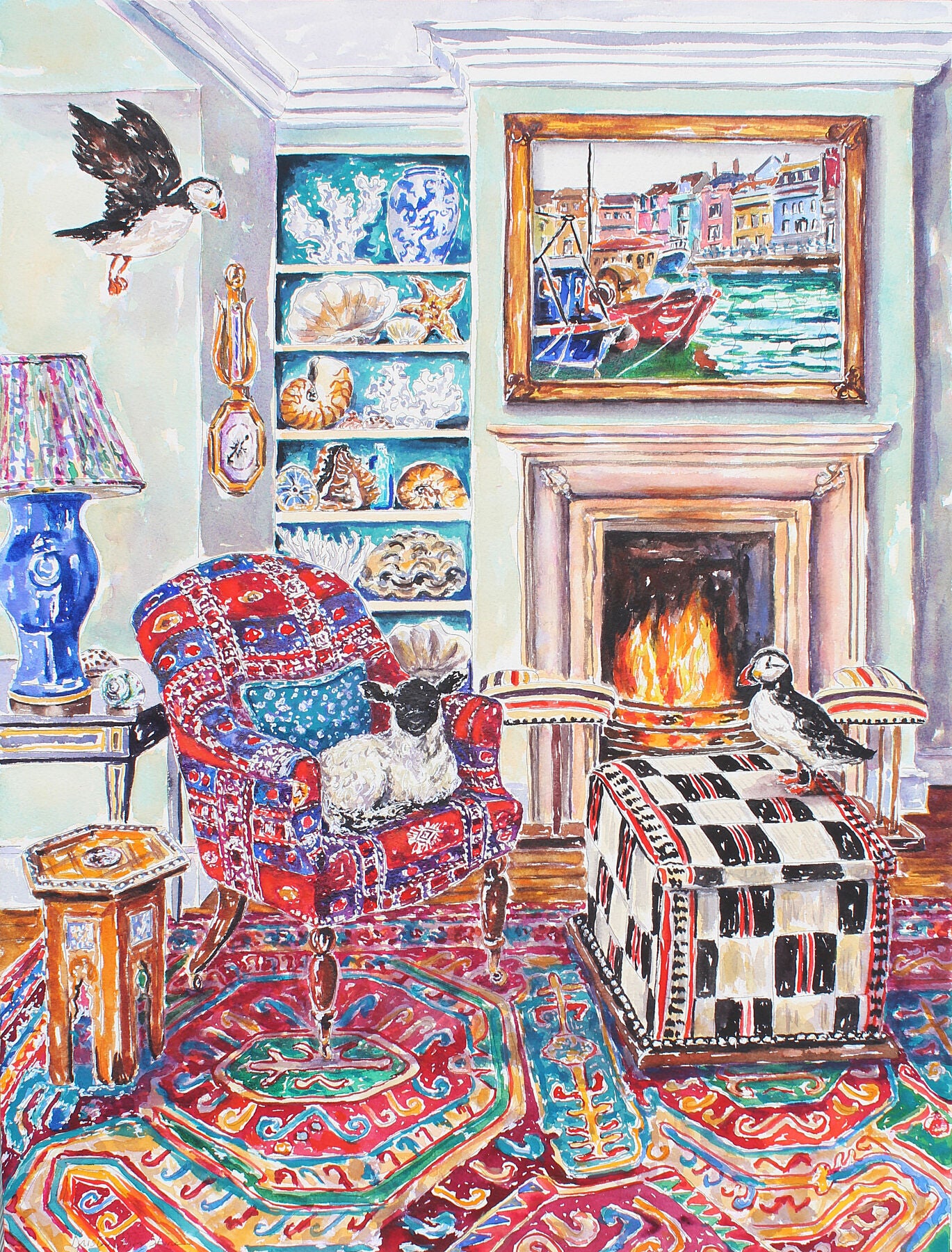 A Giclee print of a watercolor painting depicting a lamb by a fireplace and a puffin flying into the room, with a decorated room in the background including a chair, rug, and shelving with books and a framed picture.  Wall decor for art collectors. 