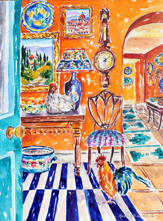 A giclee print of a watercolor painting depicting an Tuscan themed interior scene with warm walls, arched ceilings, decorative objects, and a rooster on the floor and a hen on the table.  Wall decor for art collectors.