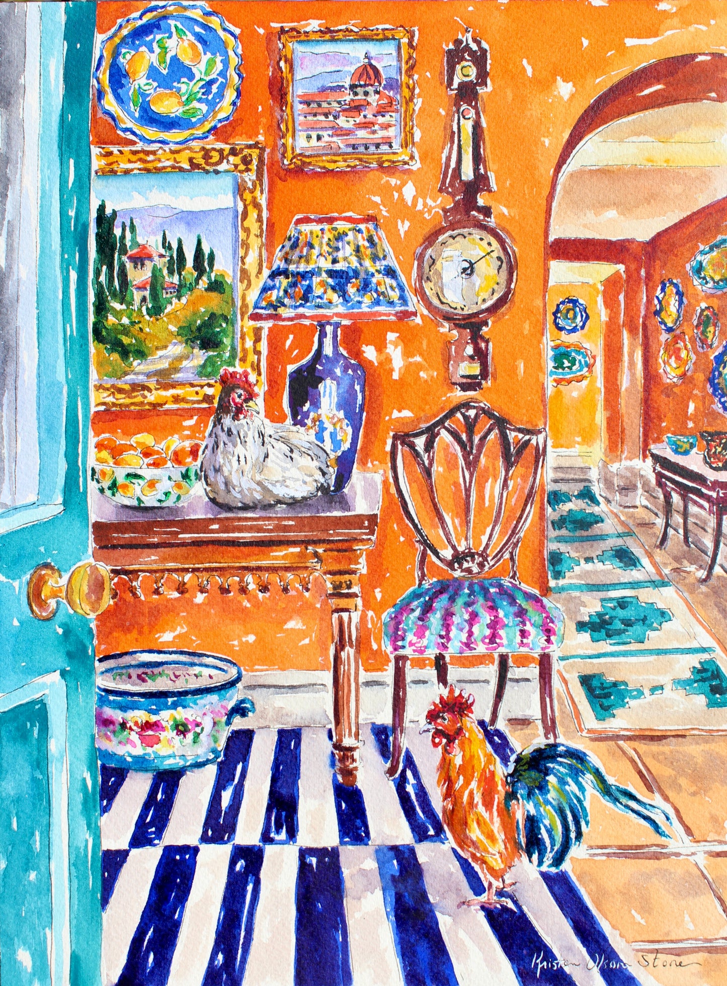 A vibrant watercolor painting of an interior Tuscan room with colorful walls, ceilings, and a floor featuring a striped pattern. Animals and decorative objects add to the lively scene.  Wall decor for art collectors.