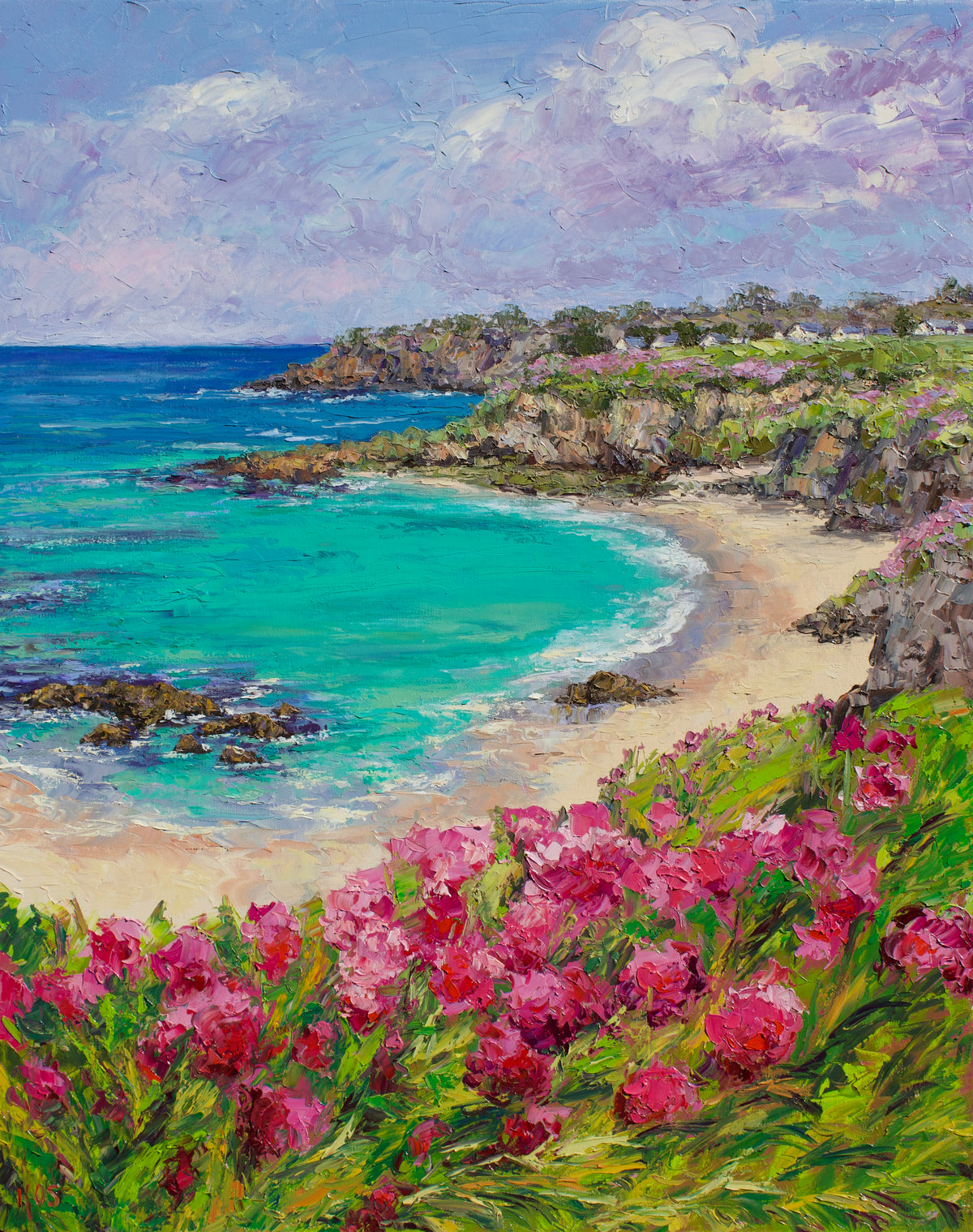 Impressionistic oil painting of a coastal cove with turquoise ocean water, sandy beach, rocky cliffs, purple flowers, and a blue sky with white clouds.