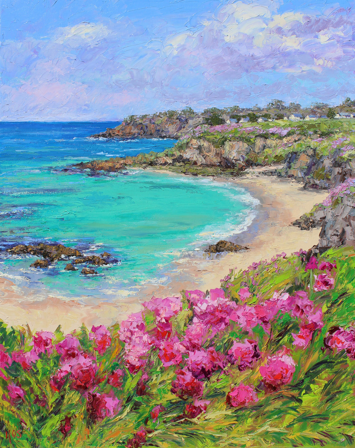 Impressionistic oil painting of a coastal cove with turquoise ocean water, sandy beach, rocky cliffs, blue sky with clouds, and bright pink flowers in the foreground.