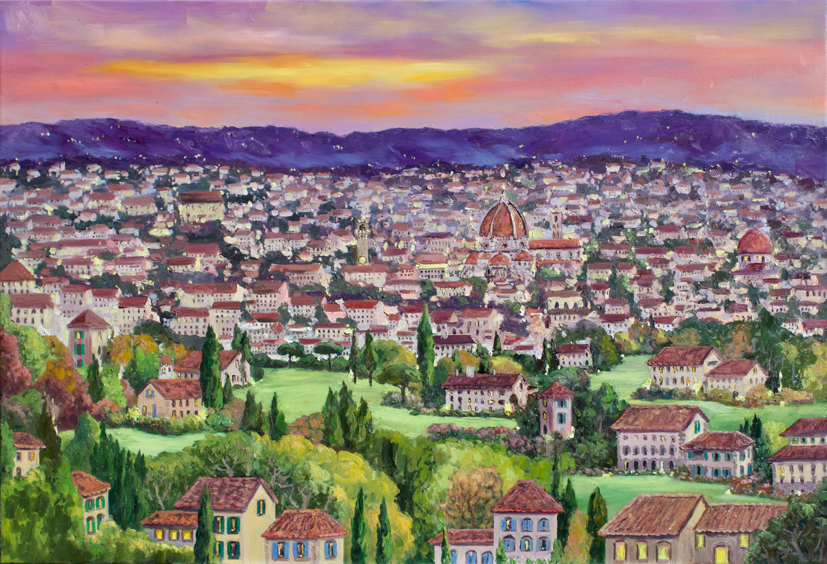 A colorful oil painting of the Italian cityscape of FLorence at sunset as viewed from Fiesole, featuring The Duomo, dense buildings, green hills, and violet blue mountains under a warm orange and pink sky.