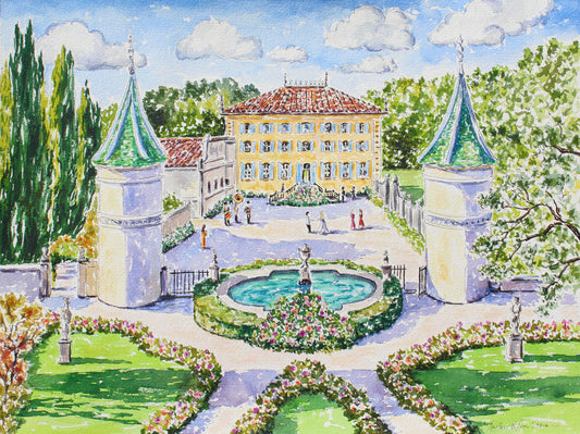 watercolor and ink of french chateau with turrets, rose garden, sparkling pond, italian cypress trees and beautifu light and shadow on the green lawn.