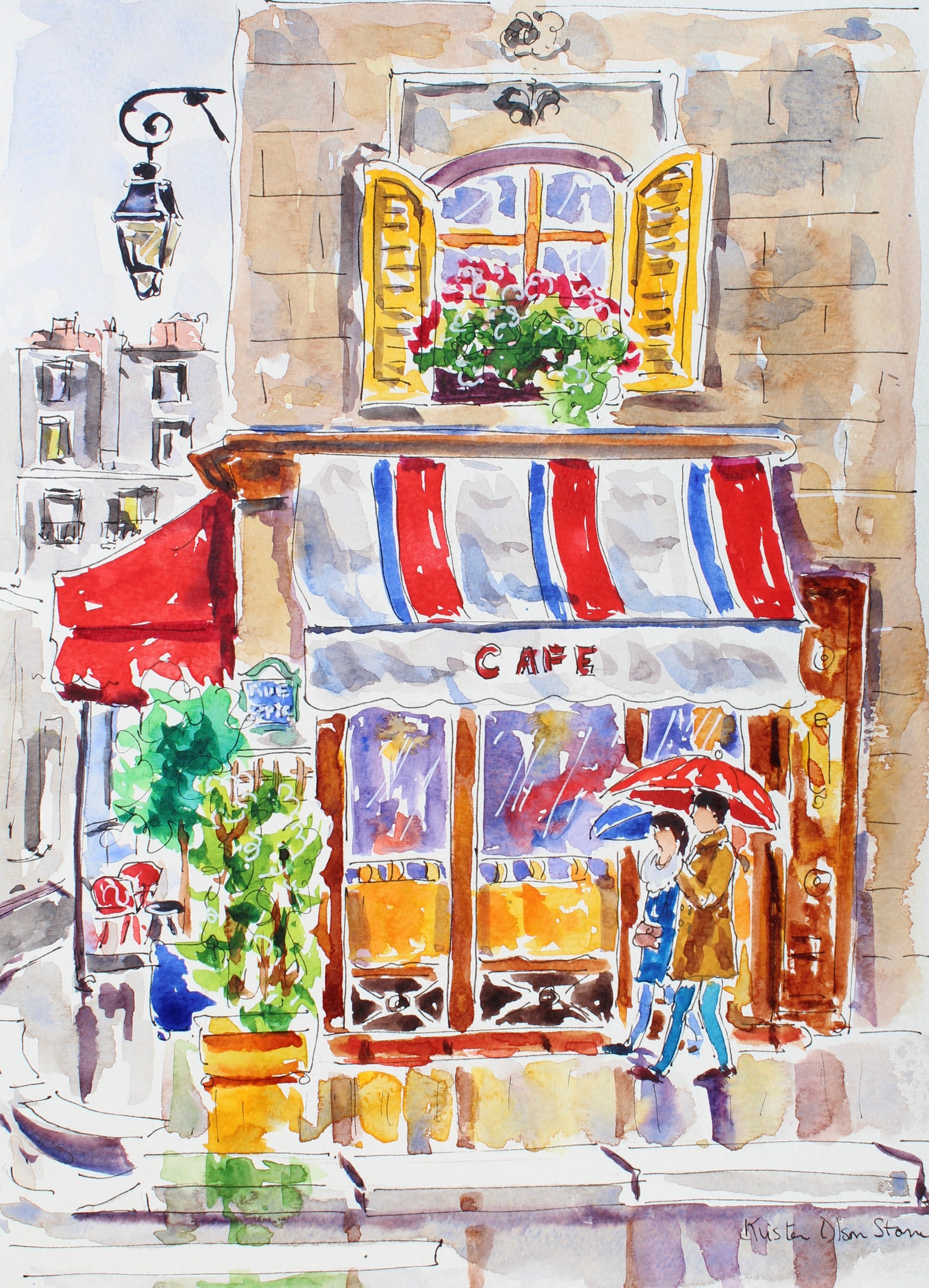 An original watercolor painting of a French cafe with an awning that is white with red and blue stripes.  Yellow shutters are open in the window above. Two people walking under a red umbrella.  Wall decor for art collectors.
