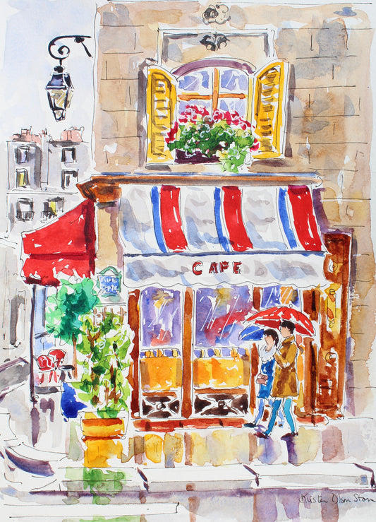 An original watercolor painting of a French cafe with an awning that is white with red and blue stripes.  Yellow shutters are open in the window above. Two people walking under a red umbrella.  Wall decor for art collectors.