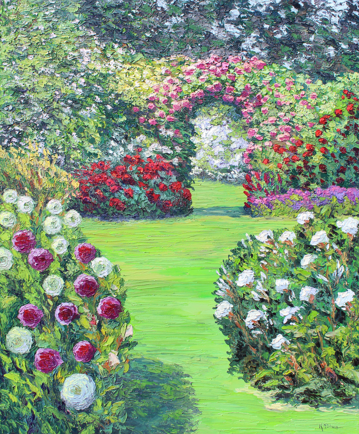 A vibrant floral garden landscape painting featuring a pathway with flowers on both sides and a green grassy background.