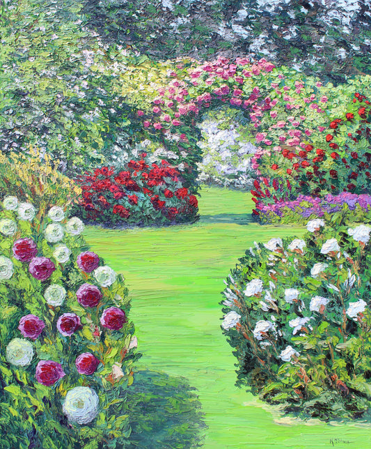 A vibrant floral garden landscape painting featuring a pathway with flowers on both sides and a green grassy background.