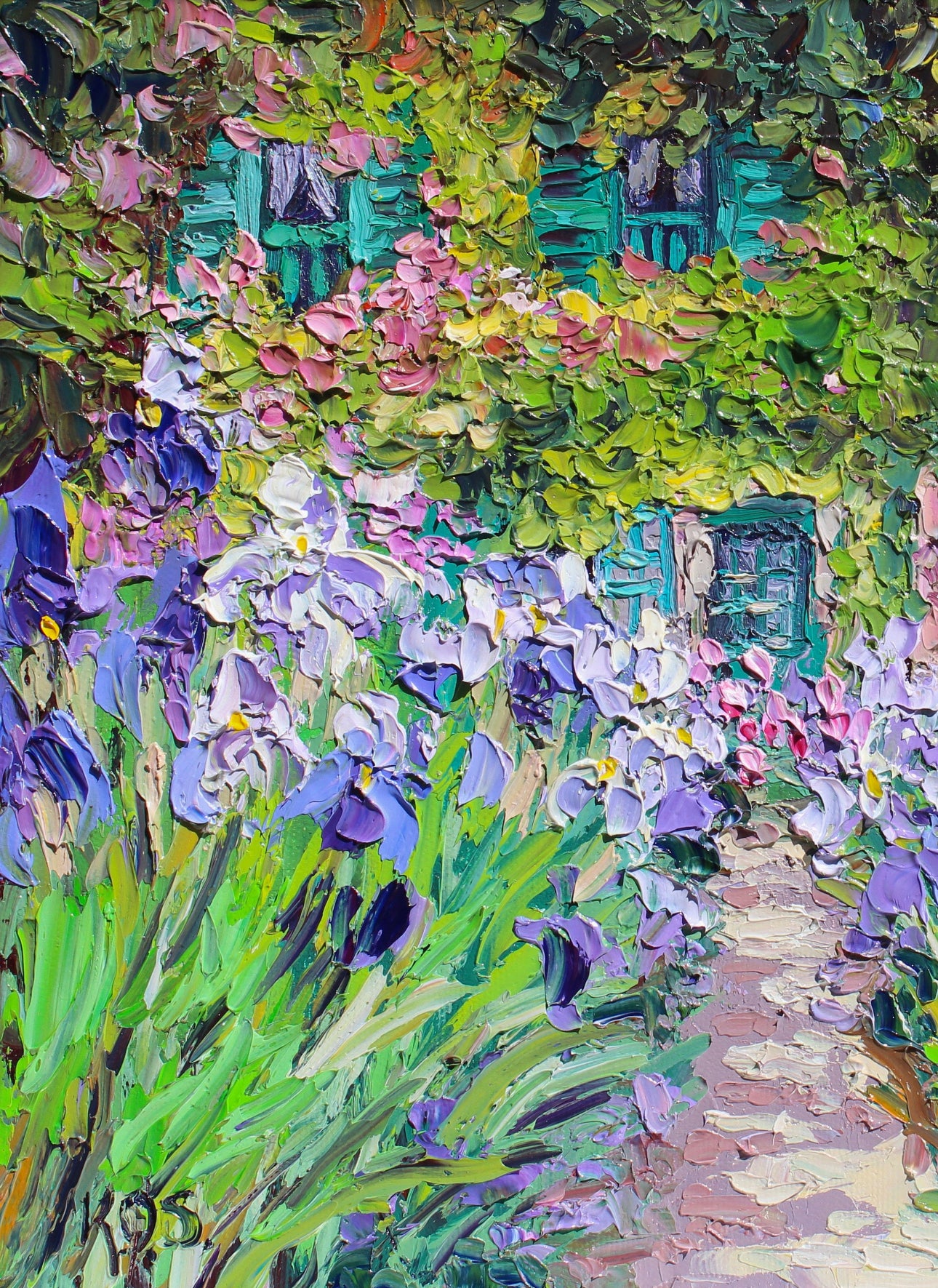 Monet's Iris Garden At Giverny, 10" x 12" Original Garden Landscape Oil On Canvas Panel