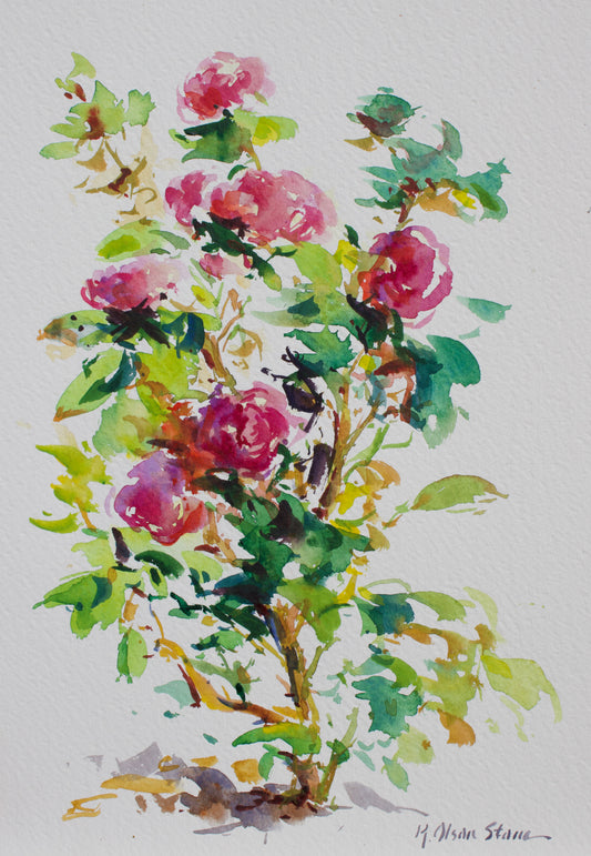 Watercolor painting of a flowering plant with pink blossoms and green leaves on a textured off-white background, signed H. Moran Stame in the lower right corner.