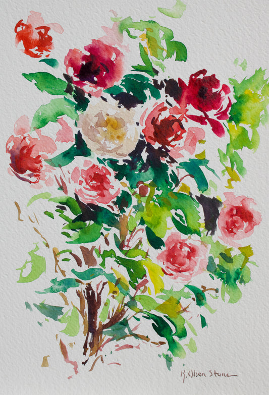 Watercolor painting of a rose bush with pink, red, and white flowers on a textured white paper background, signed M. Wilson Stone.