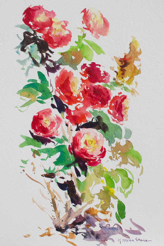 Watercolor painting of red and pink roses with green leaves on a textured off-white background, signed by artist Maria Shane.