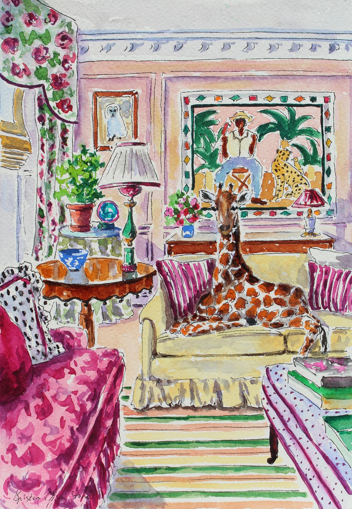 A colorful watercolor painting of a cozy living room with a giraffe reclining on a sofa, pink floral upholstery, striped rug, and framed artwork on the wall.