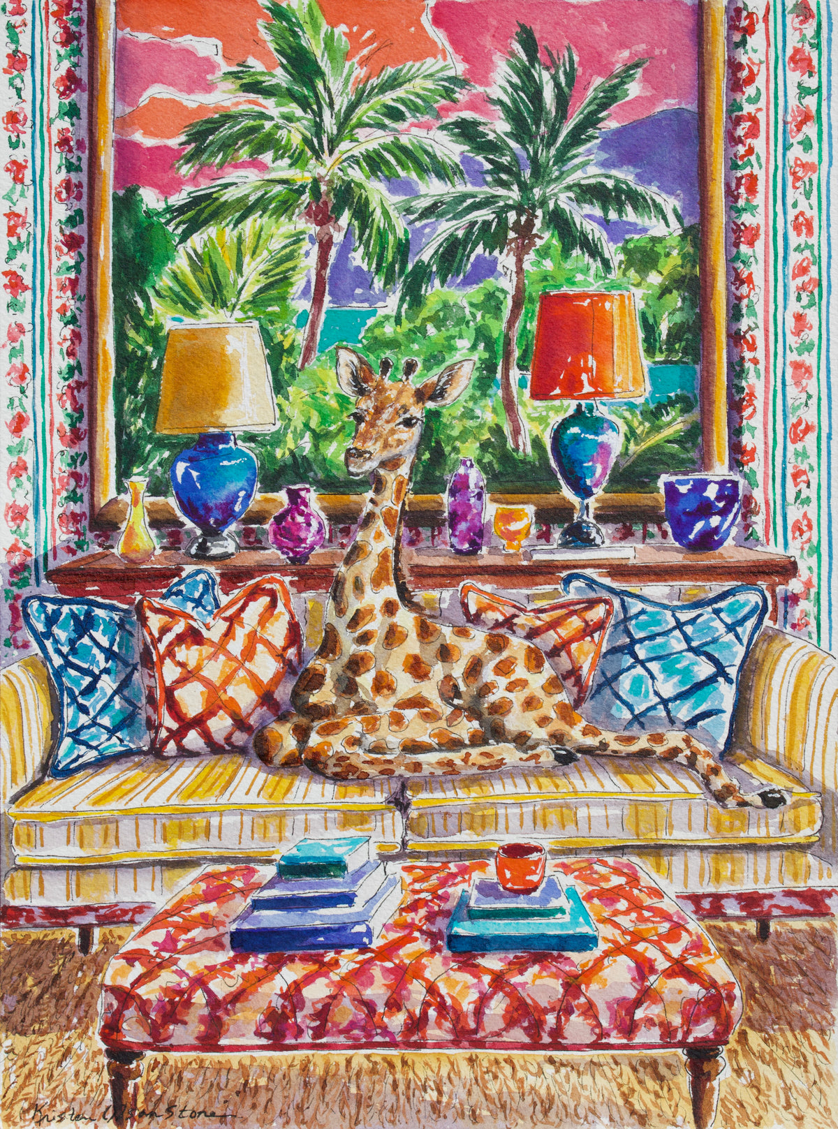 A colorful watercolor painting of a giraffe sitting on a striped sofa in a tropical room, with palm trees visible through the window behind it. The scene includes patterned pillows, lamps, a patterned coffee table, and a busy floral border design.