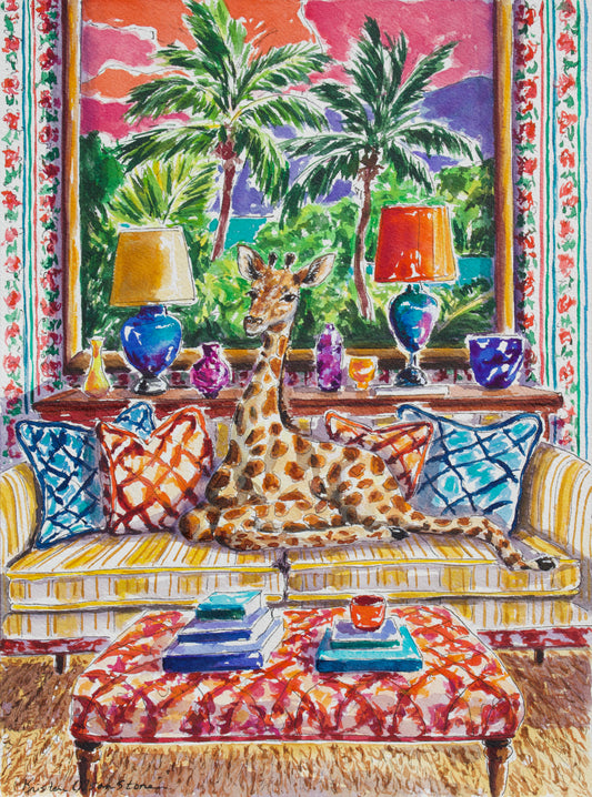 A colorful watercolor painting of a giraffe sitting on a striped sofa in a tropical room, with palm trees visible through the window behind it. The scene includes patterned pillows, lamps, a patterned coffee table, and a busy floral border design.