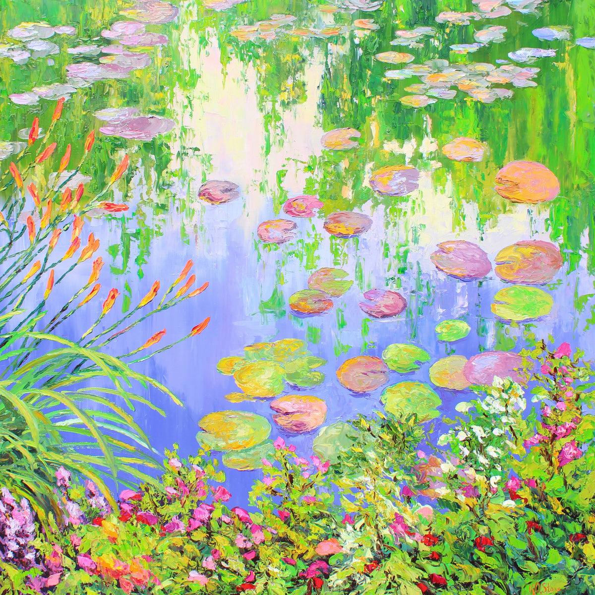 An original oil painting of a water lily pond with a foreground of colorful flowers, lily pads on the water, and a reflection of trees and sky.