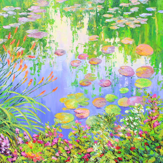 An original oil painting of a water lily pond with a foreground of colorful flowers, lily pads on the water, and a reflection of trees and sky.