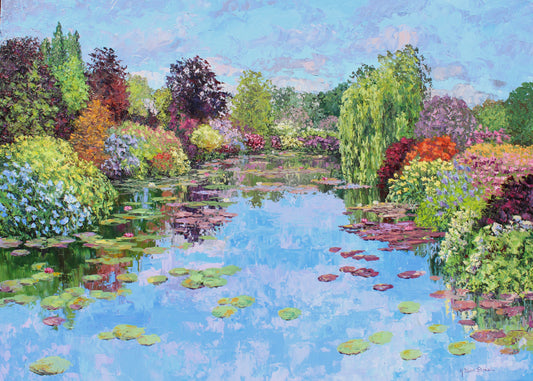 An original oil painting of Monet's Garden at Giverny, France with waterlilies and flowering plants.