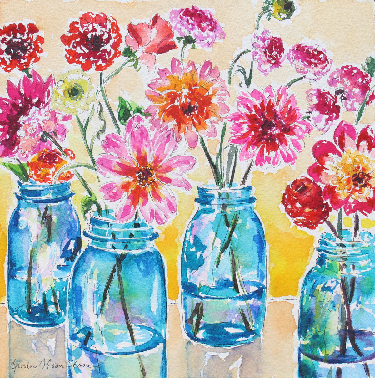 Colorful flowers in blue jars on a yellow background