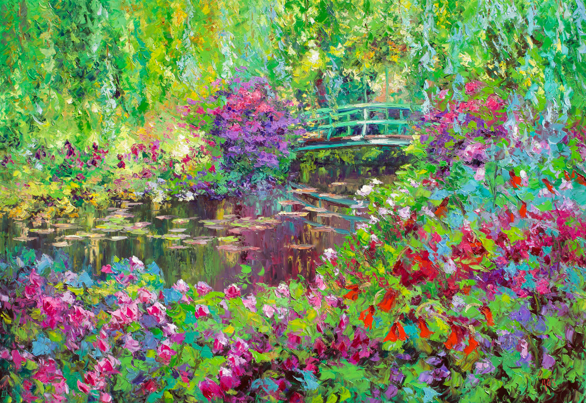 Impressionistic painting of a lush garden pond with pink and purple flowers, green foliage, a small green bridge, and reflections on the water.